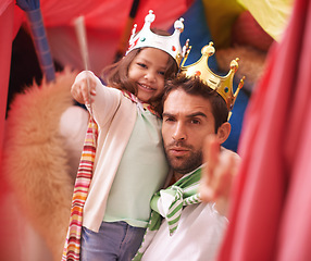 Image showing Princess play, dad portrait and kid fun in a bedroom fort with costume, girl and king dad together. Castle, happiness and smile with father and child in a home feeling excited and happy about a game