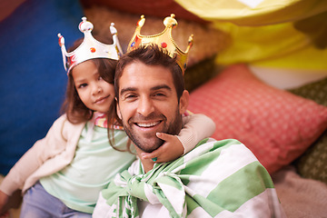 Image showing Crown, dress up and dad with princess fun in a bedroom fort with costume, girl and papa together. Play castle, happiness and smile with father and child in a home excited and happy about a game