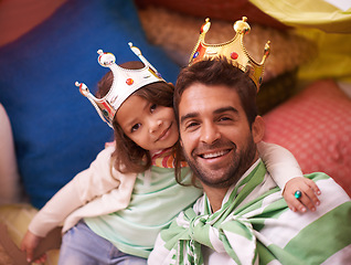 Image showing Young kid, dress up portrait and dad with princess fun in a bedroom fort with costume, girl and papa. Play castle, happiness and smile with father and child in a home excited and happy about a game