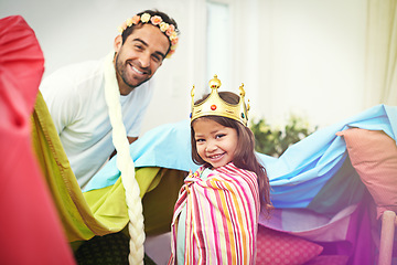 Image showing Fantasy, dress up dad portrait and children in a blanket fort with costume, girl and kids together. Play castle, happiness and smile with father and child in home feeling excited and happy about game