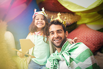 Image showing Fantasy dress up, kid portrait and dad together and princess fun in a bedroom fort with crown and girl. Play castle, happiness and smile with father and child in a home excited and happy about a game