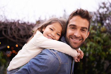 Image showing Happy, piggyback or portrait with father and daughter in nature for bonding, fun and affectionate. Smile, relax and happiness with man carrying young child in garden park for support, weekend or care