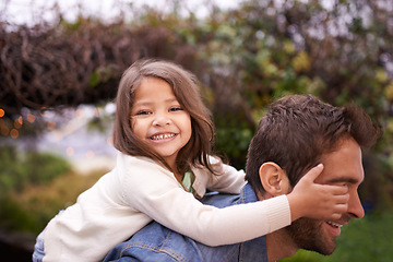 Image showing Portrait, piggyback and playful with father and daughter in nature for bonding, laughing or affectionate. Smile, relax and happiness with man carrying young child in park for support, weekend or care