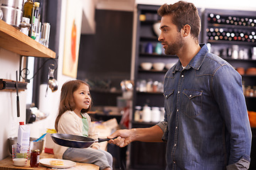 Image showing Cooking, food and father with daughter in kitchen for breakfast, morning and learning. Helping, happy and nutrition with man and young girl in family home for weekend, bonding and teaching