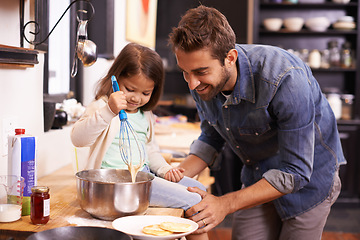 Image showing Cooking, happy and breakfast for father with daughter in kitchen for pancakes, bonding or learning. Food, morning and helping with man and young girl in family home for baking, support and nutrition