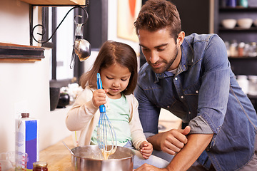 Image showing Cooking, pancakes and father with daughter in kitchen for breakfast, bonding and learning. Food, morning and helping with man and young girl in family home for baking, support and teaching nutrition