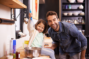 Image showing Cooking, breakfast and portrait of father with daughter in kitchen for pancakes, bonding or learning. Food, morning and helping with man and young girl in family home for baking, playful or nutrition