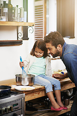 Image showing Cooking, help and father with daughter in kitchen for pancakes, bonding and learning. Food, morning and breakfast with man and young girl in family home for baking, support and teaching nutrition