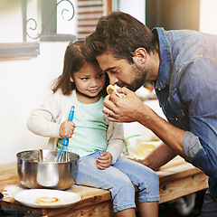 Image showing Cooking, smell and father with daughter in kitchen for pancakes, bonding and learning. Food, morning and helping with man and young girl in family home for baking, support and teaching nutrition