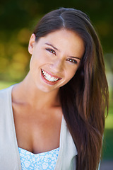 Image showing Happy, smile and portrait of a woman with dental care in a park in summer for beauty, oral hygiene and confident in nature. Face, garden and young female person outdoor with clean mouth or dentistry