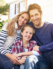 Image showing Backyard hug, family portrait and outdoor parents, child and faces of people bonding, support and quality time together. Love, happy childhood and Canada mother, dad and kid enjoy spring sunshine