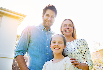 Image showing Portrait, sunshine and happy family child, mother and father support, bonding and enjoy outdoor quality time together in Spain. Love, sky or happiness of mama, papa and youth kid smile for unity care