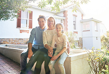 Image showing New house, outdoor portrait or relax happy family with luxury home, real estate or property purchase, sale or investment. Backyard, bond or sitting woman, man or homeowner people smile for relocation