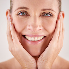 Image showing Portrait, smile and senior woman skincare or wellness for face or beauty or isolated and on grey background. Makeup, mature lady and wrinkles or happy model or dermatology and facial aging process