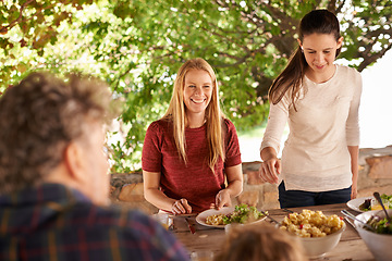 Image showing Food, party or preparation with family at lunch for health, bonding or celebration. Thanksgiving, social or event with parents and children eating together for dining, generations or outdoor wellness