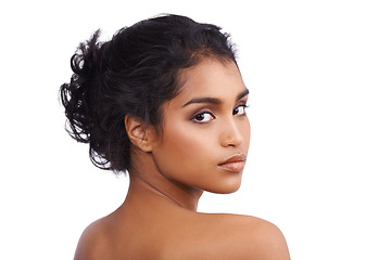 Image showing Portrait, dermatology and Indian woman with beauty, luxury and girl isolated against a white studio background. Face detox, female person and model with salon treatment, confidence and spa grooming