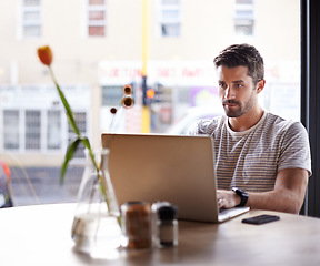 Image showing Entrepreneur, laptop or man in cafe typing an email or networking on internet or digital website. Coffee shop, remote work or trader reading news online the stock market for trading report update