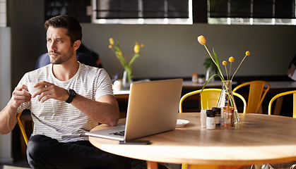 Image showing Coffee, laptop or man thinking in cafe about online news the stock market or trading investment strategy. Restaurant, remote work or trader drinking tea or networking on digital website for ideas