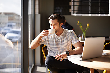 Image showing Coffee, laptop or man in cafe thinking of online news the stock market or trading report update. Restaurant, remote work or trader drinking tea or networking on digital website for investment ideas
