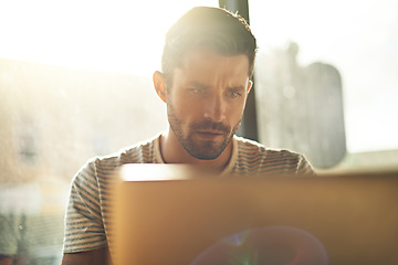 Image showing Trader, laptop or man in cafe reading news online the stock market for trading report update on internet. Coffee shop, remote work or entrepreneur typing an email or networking on digital website