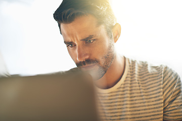 Image showing Entrepreneur, laptop or face of man in cafe reading news online the stock market for trading report update. Coffee shop, remote work or serious trader typing an email or networking on digital website