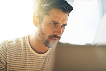 Image showing Remote work, laptop or man in cafe reading news online the stock market for trading report update. Coffee shop, entrepreneur or trader typing an email or networking on internet or digital website