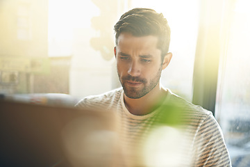 Image showing Man, laptop or trader in cafe reading news online the stock market for trading report update on internet. Coffee shop, remote work or entrepreneur typing an email or networking on digital website