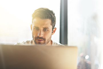 Image showing Entrepreneur, laptop or man in cafe trading or reading news online the stock market for data analysis. Coffee shop, remote work or trader typing an email or networking on internet or digital website