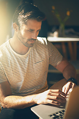Image showing Trader, laptop or man in coffee shop reading news online the stock market for trading report update. Cafe, remote work or entrepreneur typing an email or networking on internet or digital website