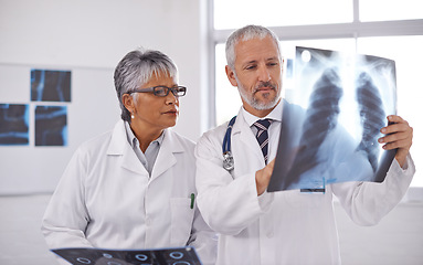 Image showing Senior team of doctors, analysis of xray with surgery, people in radiology and cardiovascular health at clinic. Lung scan, old man and woman surgeon collaboration with assessment and problem solving