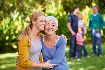 Image showing Family, mother and adult daughter hug in park, spending quality time in outdoor together with happiness and care. Happy women are content in relationship with love, bonding and carefree in nature