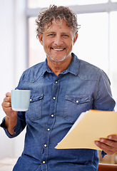 Image showing Portrait, coffee and business man with paperwork in office with pride for career, job or occupation. Entrepreneur, documents and happy male person or mature professional from Australia in workplace.