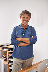 Image showing Portrait, smile and business man with arms crossed in office with pride for career, job or occupation. Entrepreneur, male professional and happiness of confident boss and mature person from Canada.