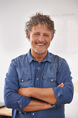 Image showing Portrait, happy and business man with arms crossed in office with pride for career, job or occupation. Entrepreneur, male professional and smile of confident boss and mature person from Canada.