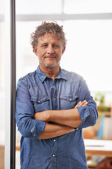 Image showing Mature, portrait and business man with arms crossed in office with pride for career, job or occupation. Entrepreneur, male professional and designer, confident boss and serious person from Australia.