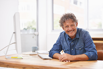 Image showing Portrait, mature and smile of business man in office with pride for career, job or occupation. Entrepreneur, male professional and happiness confident boss and person from Australia in workplace.