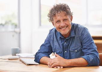 Image showing Portrait, senior and smile of business man in office with pride for career, job or occupation. Entrepreneur, professional and happiness of confident boss and male person from Australia in workplace.