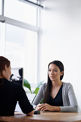 Image showing Documents, job interview and business women in office for conversation, talking and discussion at desk. Meeting, partnership and female workers with paperwork for consulting, hiring and recruitment