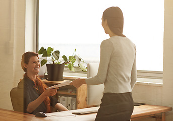 Image showing Proposal, documents and business women in office with report for planning, strategy and analysis. Communication, teamwork and female workers with paperwork for financial review, analytics and project