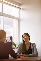 Image showing Meeting, job interview and business women in office in conversation, talking and planning at desk. Communication, partnership and happy female workers chat for recruitment, hiring and discussion