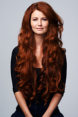 Image showing Ginger hair, beauty and portrait of woman in studio for hairdresser, wellness and haircare on white background. Salon, shine and female model with keratin treatment, healthy and natural hairstyle