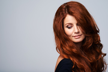 Image showing Hair, ginger and face of woman in studio for keratin treatment, wellness and haircare on white background. Salon, hairdresser mockup and female model with shine, healthy and natural red hairstyle