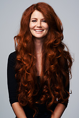 Image showing Red hair, happy and portrait of woman in studio for keratin treatment, wellness and haircare on white background. Salon, hairdresser and ginger female model with beauty, healthy and natural hairstyle