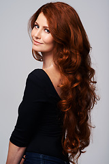 Image showing Red head, hair care and portrait of woman for wellness, keratin treatment and haircare on white background. Beauty salon, hairdresser and ginger female model with shine, healthy and natural hairstyle