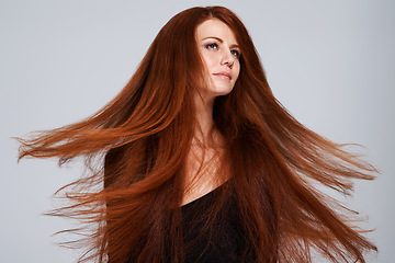 Image showing Red hair, wind and face of woman in studio for treatment, wellness and movement on gray background. Beauty, hairdresser salon and female model with keratin shine, healthy and natural hairstyle