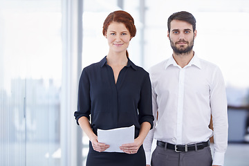 Image showing Business people, portrait and documents in corporate finance, planning or teamwork at office. Happy businessman and woman with paperwork for team leadership or financial management on mockup space