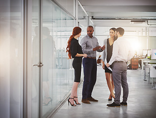 Image showing Business people, meeting and collaboration in a modern office for planning, brainstorming or sharing ideas. Group of employee workers discussing project plan or tasks in teamwork at the workplace