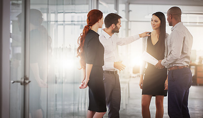 Image showing Business people, group and discussion in office corridor with men, women or diversity for strategy at startup. Businessman, leader or talk with advice, teamwork and brainstorming for company goal