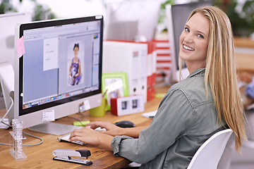 Image showing Woman at desk, computer screen and smile in portrait, editor at fashion magazine. Young professional female, image editing software for publication with creativity and editorial career with design