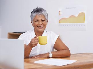 Image showing Coffee, office portrait and mature woman with inspiration for planning, online research and happy business growth. Face of indian person, employee or worker with laptop, tea or drink for productivity